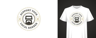 Berber dükkanından alıntılanan alıntıda saç kırpma makinesi ikonu etrafında makas ve kıyafet ve moda tasarımı için dairesel rozet tasarımı içeren kalın harfler var. Vektör illüstrasyonu