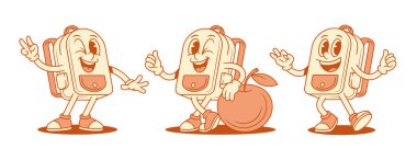 Mutlu okul çantası çizgi film karakterleri izometrik vektör çizimi. Gülümseyen komik okul çantası öğrenci eğitim maskotu barış Tamam tamam baş parmağını elmayla kaldır