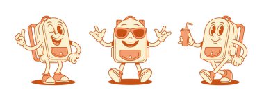Havalı okul çantası karikatür karakter setinin izometrik vektör çizimi. Güneş gözlüklü minimalist maskotlar için gülümseyen pozitif okul çantası dikkat soda içeceği.