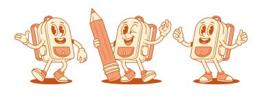 Sevimli çizgi roman çantası karikatür karakter setinin izometrik vektör çizimi. Minimalist maskotlar için gülümseyen komik okul çantası. Hoş geldin. Tamam.