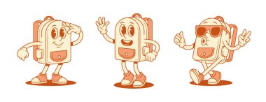 Sevimli pozitif okul çantası karikatür karakter setinin izometrik vektör çizimi. Gülümseyen neşeli okul çantası öğrenci eğitim minimalist maskotu güneş gözlükleriyle selam veriyor.