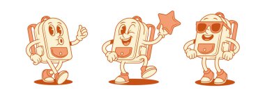 Neşeli okul çantası karikatür karakter setinin izometrik çizimi. Komik gülümseyen okul çantası öğrenci eğitimi minimalist maskot başparmak yukarı tavsiye yıldız ile güneş gözlüğü