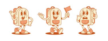 Komik, neşeli, sırt çantalı çizgi film karakteri izometrik vektör çizimi. Gülümseyen sevimli okul çantası öğrenci eğitim minimalist maskot merhaba bayrak ile yürümekten korkan merhaba