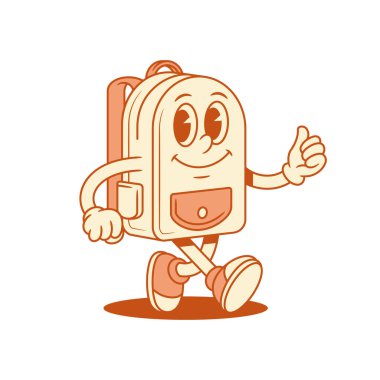 Komik şirin okul çantası karikatür karakteri izometrik vektör çizimi. Gülümseyen komik okul çantalı öğrenci eğitim öğrencisiyse minimalist maskot olumlu duygular besliyor.