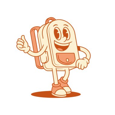 Gülen komik okul çantası çizgi film karakteri başparmağı izometrik vektör illüstrasyonunda. Neşeli okul çantası öğrenci eğitimi Minimalist maskot öğrenme iyi olumlu duygu tavsiye