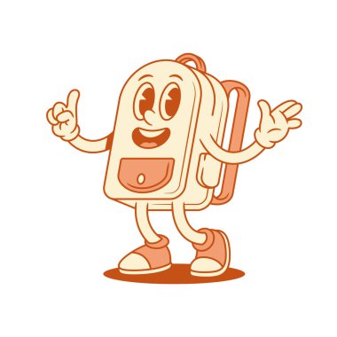 Neşeli okul çantası karikatür karakteri fikri izometrik vektör çizimi. Sevimli, gülümseyen okul çantası öğrenci eğitimi minimalist maskot yeniliği icat etme dikkat jesti