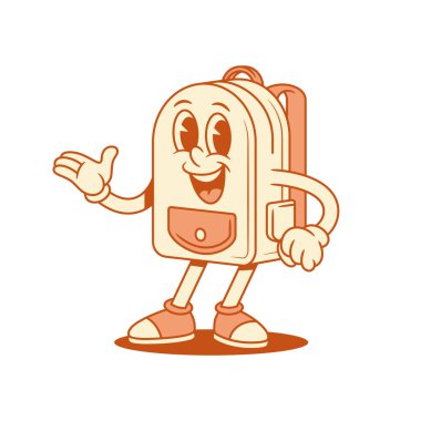 İzometrik vektör illüstrasyonunu sunan neşeli, sevimli okul çantası sırt çantalı çizgi film karakteri. Gülümseyen mutlu okul çantası öğrenci eğitimi minimalist maskotu tanıtım promosyonunu gösteriyor