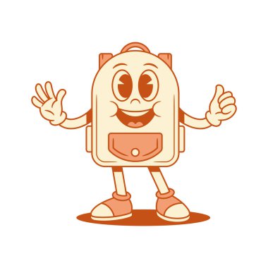 Okul karikatür karakterine mutlu okul çantası merhaba izometrik vektör çizimi. Gülümseyen, sırt çantalı öğrenci eğitimi minimalist maskot başparmağı. Hoş geldin karşılaması.