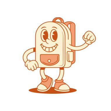 Okula gülümseyen sevimli okul çantası çizgi film karakteri motivasyonu izometrik vektör çizimi. Mutlu sırt çantası öğrenci eğitimi Minimalist maskot yumruk motivasyon jesti gösteriyor