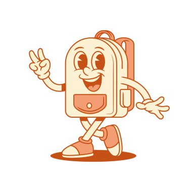 Okulda mutlu okul çantası çizgi film karakteri barış jesti izometrik vektör çizimi. Gülümseyen sevimli sırt çantası öğrenci eğitimi minimalist maskot dostça selamlama güzel güzel pozitif