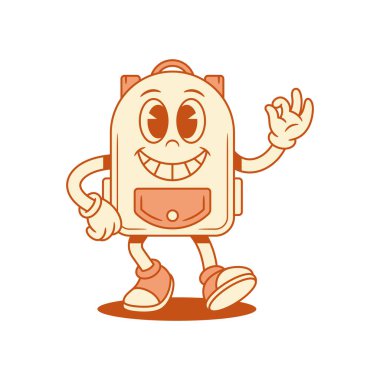 Okuldaki çizgi film karakterine gülümseyen sevimli okul çantası tamam izometrik vektör çizimi. Mutlu sırt çantası öğrenci eğitimi minimalist maskot iyi, iyi, iyi, olumlu jest gösteriyor.