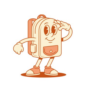 Komik okul çantası, izometrik vektör illüstrasyonunu görmek isteyen çizgi film karakteri. Komik gülümseyen sırt çantası öğrenci eğitimi minimalist maskot pozitif duygu bulmaya çalışıyor.