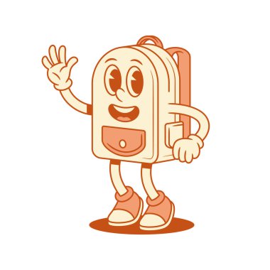 Okula gülümseyen okul çantası çizgi film karakterine merhaba izometrik vektör çizimi. Mutlu komik sırt çantalı öğrenci eğitim öğrencisiyse Minimalist maskot dostça karşılama karşılaması.