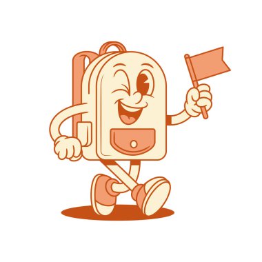 Komik okul çantası, izometrik izometrik çizimi olan çizgi film karakteri. Gülümseyen sırt çantası öğrencisi minimalist maskot üzerinde çalışıyor.