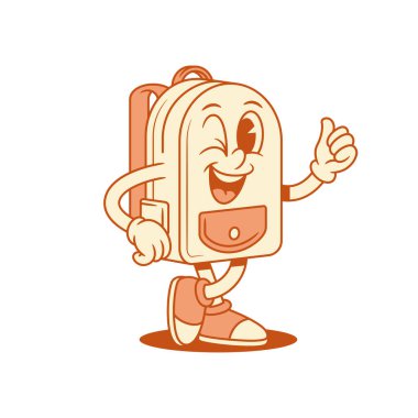Neşeli okul çantası, çizgi film karakteri, izometrik vektör illüstrasyonunu gösteriyor. Gülümseyen sırt çantası öğrencisi eğitim öğrencisiymiş. Minimalist maskot göz kırparak iyi tavsiyelerde bulunmuş.