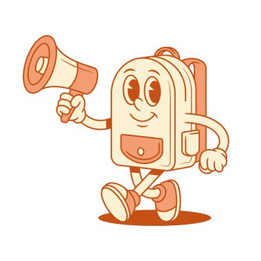 Neşeli okul çantası, megafon izometrik vektör illüstrasyonlu çizgi film karakteri. Gülümseyen sevimli sırt çantası öğrenci eğitimi minimalist maskot megafon reklamı ile yürüyor