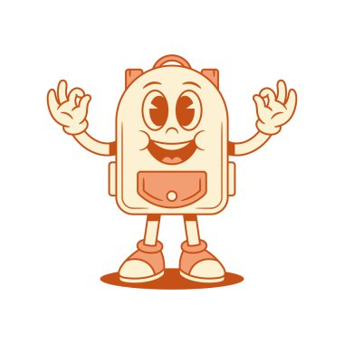 Gülümseyen okul çantası, çizgi film karakteri, tamam izometrik vektör çizimi. Mutlu sırt çantalı öğrenci eğitim maskotu çok mutlu tamam olumlu jest tavsiye ediyorum