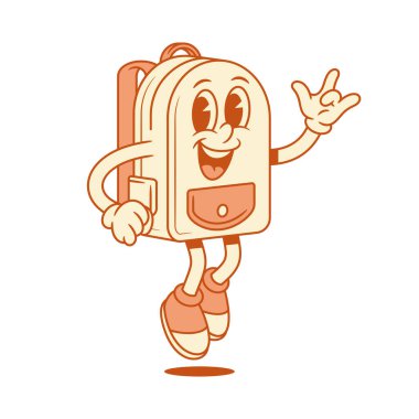 Çizgi film karakterinin komik izometrik vektör illüstrasyonuna geri dönen komik okul çantası. Neşeli sırt çantası öğrencisi eğitim öğrenimi Minimalist maskot aşırı neşeli rock jesti pozitif duygu