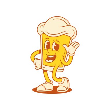 Bira camı çizgi film karakteri komik maskot vektörünü selamlıyor. Malt köpüklü alkol içeceği. El ve ayaklar sallıyor. Merhaba gülümsüyor, olumlu duygular besliyor.