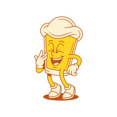 Gülen bira bardağı çizgi film karakteri maskot vektörü düz çizim. Komik gülümseyen malt köpüklü alkol içeceği olumlu duygularla eğleniyor.