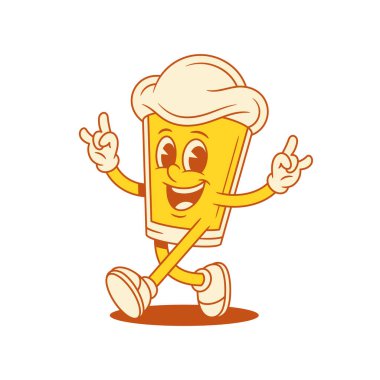 Havalı bira bardağı çizgi film karakteri rock jest vektörü düz çizim. Gülümseyen malt köpüklü alkol içeceği komik maskot olumlu duygularla karşılanıyor.