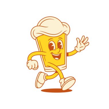 Çizgi film karakteri çizgi film karakteri düz çizim yaparken mutlu ol. Gülümseyen koşu köpüklü alkollü içecek maskotu olumlu duygularla eğleniyor.