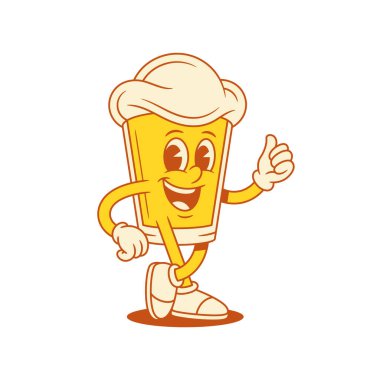 Komik bira bardağı çizgi film karakteri jest vektörü düz çizimi serin başparmak yukarı. Gülen komik malt köpüklü alkol içeceği olumlu duygularla ayakta duruyor.