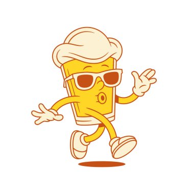 Güneş gözlüğü vektör düz çizim içinde yürüyen komik çizgi film karakteri. Komik maskot stili malt köpüklü tazeleyici yaz içeceği insanı pozitif duygularla gözlüklü