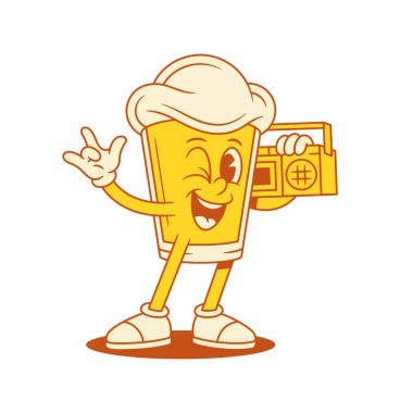 Çizgi film karakteri, retro sesli müzik çalar vektör düz resimli. Harika malt köpüklü alkol maskotu rock jesti müzik kaydı pozitif çıkartma