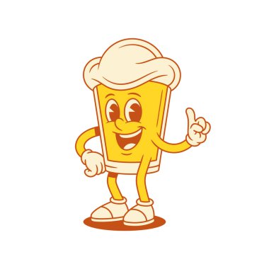 Güzel bir bira bardağı çizgi film karakteri ve düz bir jest çizimi. Komik gülümseyen malt köpüklü alkol maskotu işaret parmağıyla mutlu olumlu duygu çıkartması yapıyor.