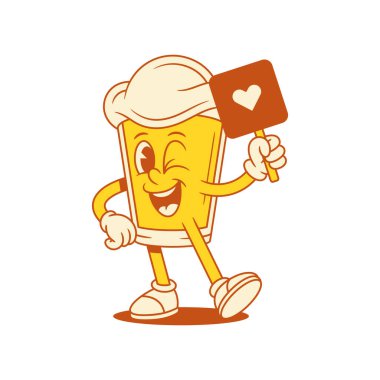 Kalp panosu vektör düz resimli oyuncu bira bardağı çizgi film karakteri. Komik maskot köpüklü alkol içeceği Sevgililer Günü için aşk işareti gösteriyor. Olumlu duyguları takip etmek gibi.