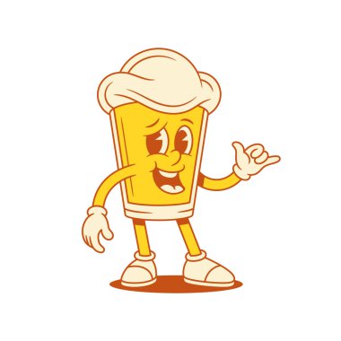 Komik bira bardağı karikatür karakteri soğuk jest vektörü düz çizim. Komik maskot erkek köpüklü alkol içeceği rahatlatıcı gülümseme ve olumlu duygularla eğlenme.