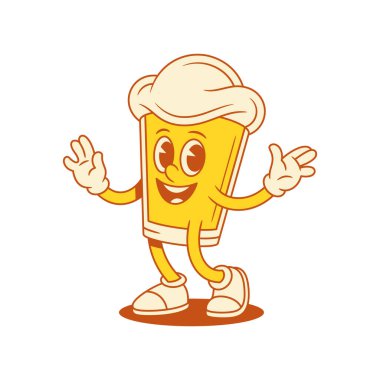 Mutlu bira bardağı çizgi film karakteri selamlayan eller vektör düz çizim. Komik malt köpüklü alkol maskotu merhaba açık avuçlu olumlu duygu