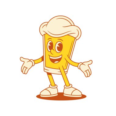 Çizgi film karakteri, açık avuç içi vektör düz çizimini selamlıyor. Komik tatlı malt köpüklü alkol maskotu gülümsüyor. Dostça bir misafirperverlik jesti.