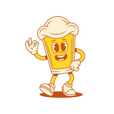 Çizgi filmdeki komik bira bardağı karakteri düz bir jest çizimi gösteriyor. Comic malt köpüklü alkollü içecek maskotu tamam güzel gülümseme ve olumlu duygu.