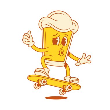 Kaykay vektörü düz resimlemesindeki komik bira bardağı çizgi film karakteri. Çizgi roman pozitif malt köpüklü alkollü içecek maskot sörf tahtası numarası yapıyor.
