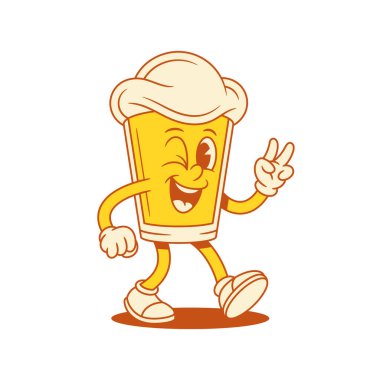 Komik, şirin, bira bardağı çizgi film karakteri barış jesti düz çizim. Komik mutlu malt köpüklü alkollü içecek maskotu iki parmağını pozitif duygularla selamladığını gösteriyor.
