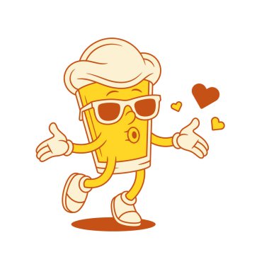 Güneş gözlüğü vektör düz illüstrasyonlu sevimli bira bardağı çizgi film karakteri. Komik, sevimli malt köpüklü alkol maskotu yaz gözlükleriyle kalp üfleyen Sevgililer Günü çıkartması.