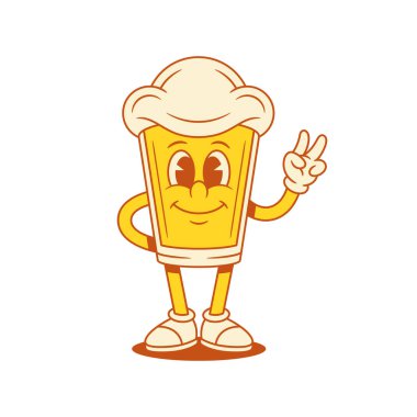 Çizgi film karakteri ayakta duran çizgi film karakteri düz çizim vektörü. Komik, mutlu, köpüklü alkol maskotu iki parmağını olumlu duygularla selamladığını gösteriyor.