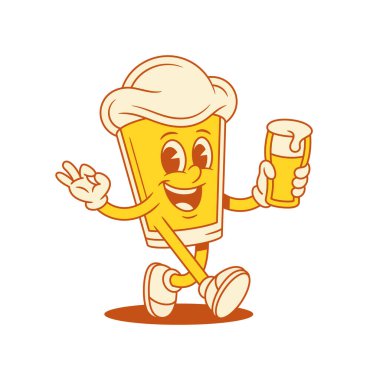 Çizgi film karakteri kokteyl vektörü düz çizim ile yürüyor. Komik, mutlu, köpüklü alkol içeceği rahatlatıcı, olumlu duygularla içkinin keyfini çıkarıyor.