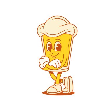 Çapraz elli komik bira bardağı çizgi film karakteri düz çizim. Komik mutlu malt köpüklü alkollü içecek maskotu pozitif duygularla gülümsüyor.