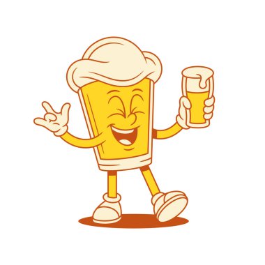 Gülen bira bardağı çizgi film karakteri ve yaz kokteyli çizimi. Gülümseyen mutlu malt köpüklü alkol içeceği maskot rahatlatıcı parti içecek olumlu duygu
