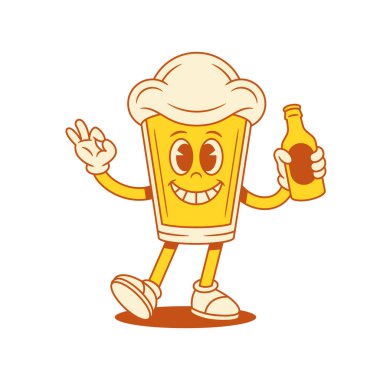 Şişe parti vektörü düz resimli komik bira bardağı çizgi film karakteri. Komik, sevimli malt köpüklü alkol maskotu, bar barı için serinletici yaz içeceği ve olumlu duygular.
