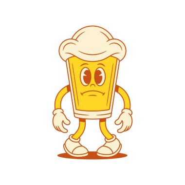 Üzgün bira bardağı karikatür karakteri üzgün duygu vektörü düz çizim. Çizgi roman negatif malt köpüklü alkollü içecek maskotu. Stresli funky sticker baskılı.