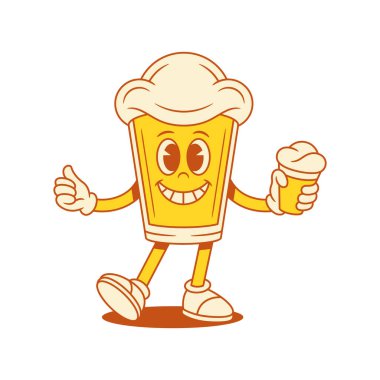 Dondurma vektörü düz resimli gülümseyen bira bardağı çizgi film karakteri. Komik malt köpüklü alkol, maskotluk, yaz tatlısı ve olumlu duygularla baş parmak.