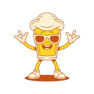 Güneş gözlüğü vektör düz resimli komik bira bardağı çizgi film karakteri. Komik gülümseyen malt köpüklü alkollü içecek yaz maskotu rock hareketini olumlu duygularla gösteriyor.