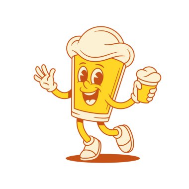 Dondurma vektörü düz resimli sevimli gülümseyen bira bardağı çizgi film karakteri. Mutlu sevimli malt köpüklü alkollü içecek maskotu yaz tatlı tatlı ile dans ediyor pozitif duygu
