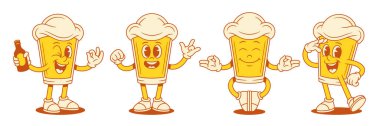 Komik, şirin, bira bardağı çizgi film karakteri mutlu yüz ifadesi vektör düz çizimini ayarlıyor. Komik, tapılası, köpüklü, alkollü, şişe yoga meditasyonlu maskot.