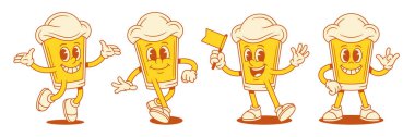 Elleri ve bacakları olan pozitif bira bardağı çizgi film karakteri vektör düz çizimini ayarladı. Sevimli komik malt köpüklü alkol maskotu bayrak atlayarak mutlu bir şekilde yürüyor.