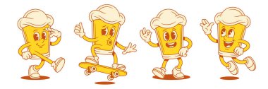 Şirin çizgi film karakteri komik maskot vektör düz çizim. Kaykayla uçan sevimli malt köpüklü alkollü içecek insanı askeri geçit törenini olumlu karşılıyor.